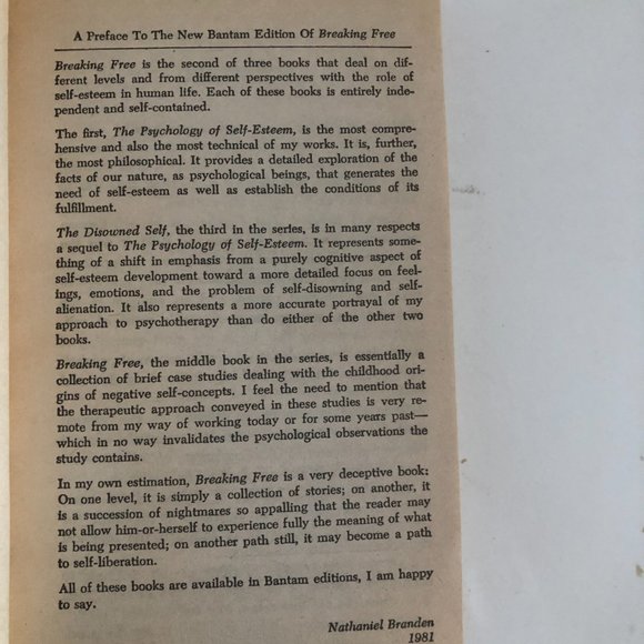 ⭐️BOGO Free⭐️ Breaking Free Mass Market Paperback by Nathaniel Branden - Picture 9 of 16